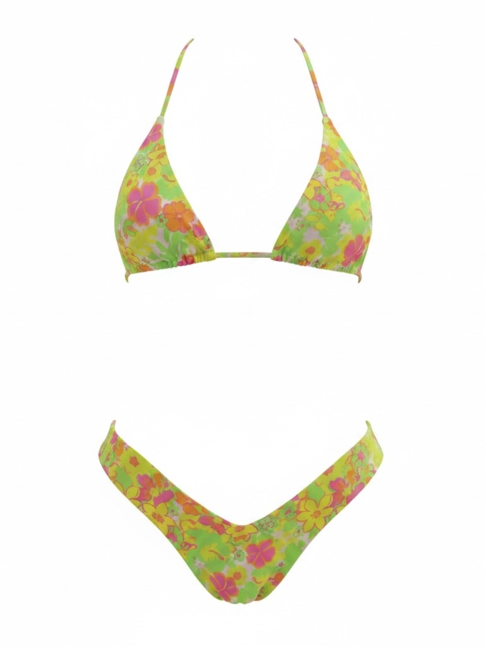Neon Floral Bikini Set - Yellow & Pink Halter Top and V-Waist Bottom